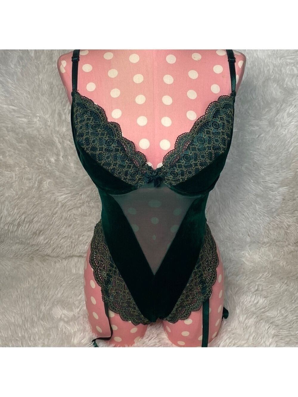 Vintage Victoria’s Secret forest green and gold velvet & mesh bodysuit